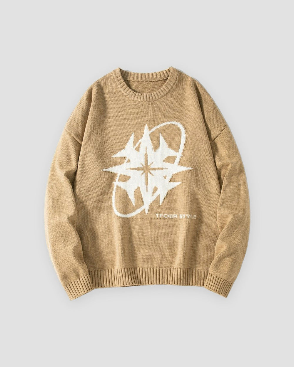 Khaki knit sweater with a large off-white eight-point star