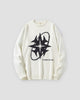 White knit sweater with a large black eight-point star and ring