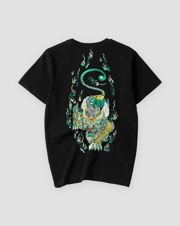 Black T-shirt with a large jade green and gold pixiu embroidered on the back, back view