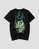 Black T-shirt with a large jade green and gold pixiu embroidered on the back, back view