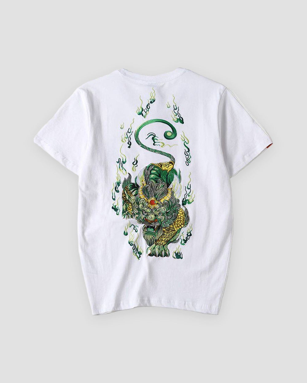 White T-shirt with a large jade green and gold pixiu embroidered on the back, back view