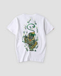White T-shirt with a large jade green and gold pixiu embroidered on the back, back view