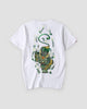 White T-shirt with a large jade green and gold pixiu embroidered on the back, back view