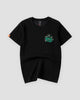 Black T-shirt with a small green flaming lotus embroidered on the chest, front view
