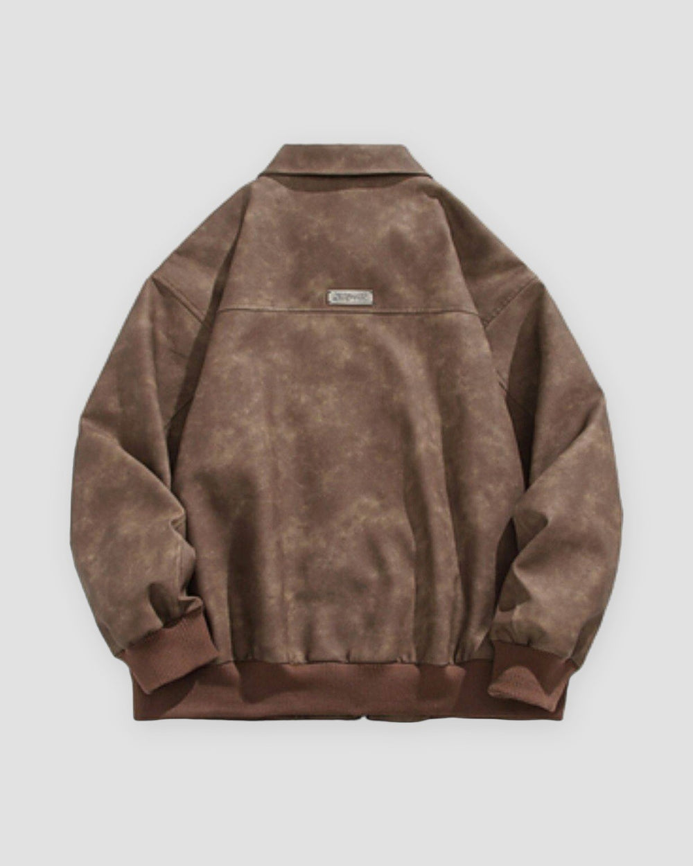 Brown faux suede bomber jacket, back view with a small metal plate