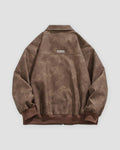 Brown faux suede bomber jacket, back view with a small metal plate