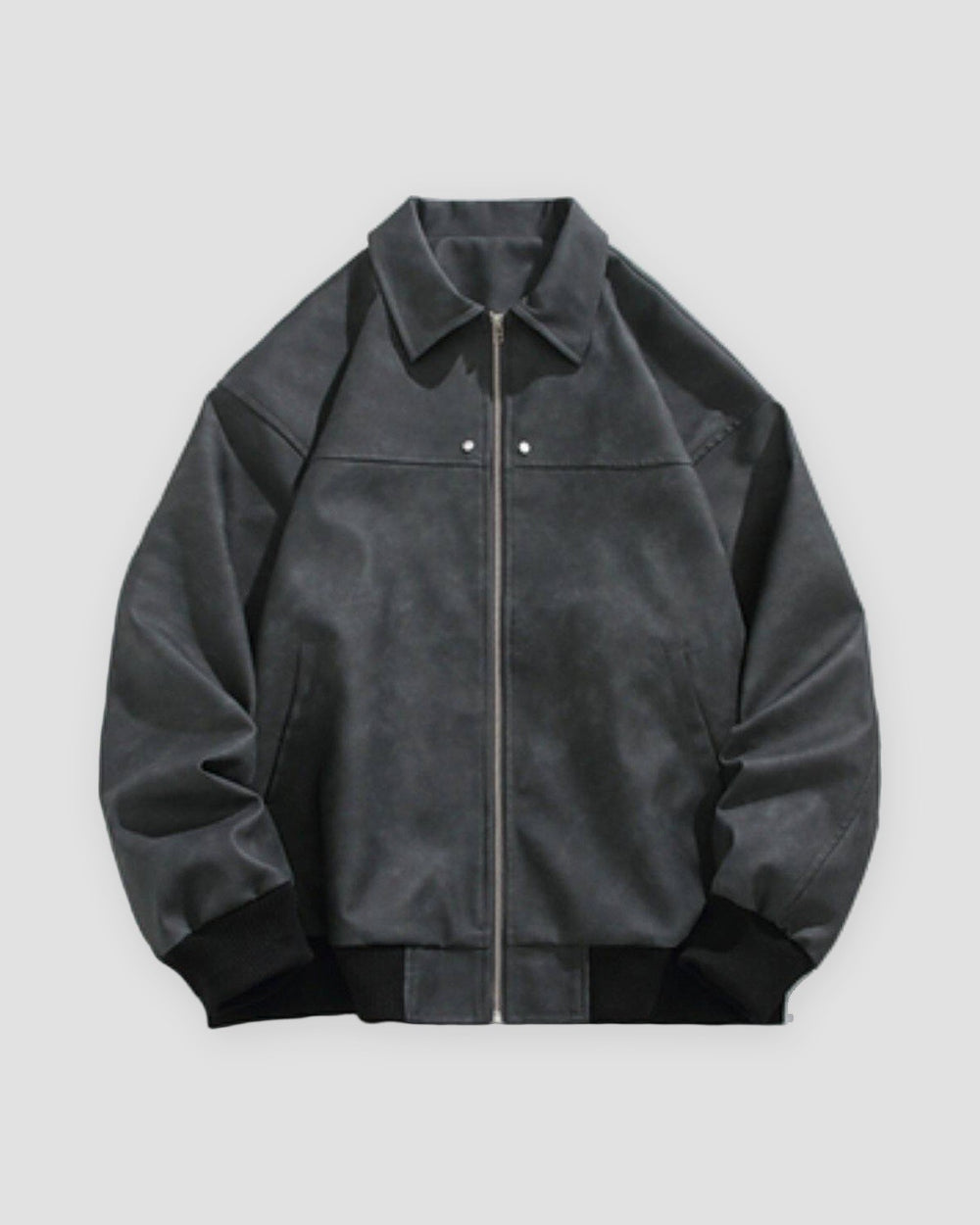 Black faux suede bomber jacket, front view