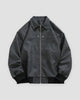 Black faux suede bomber jacket, front view