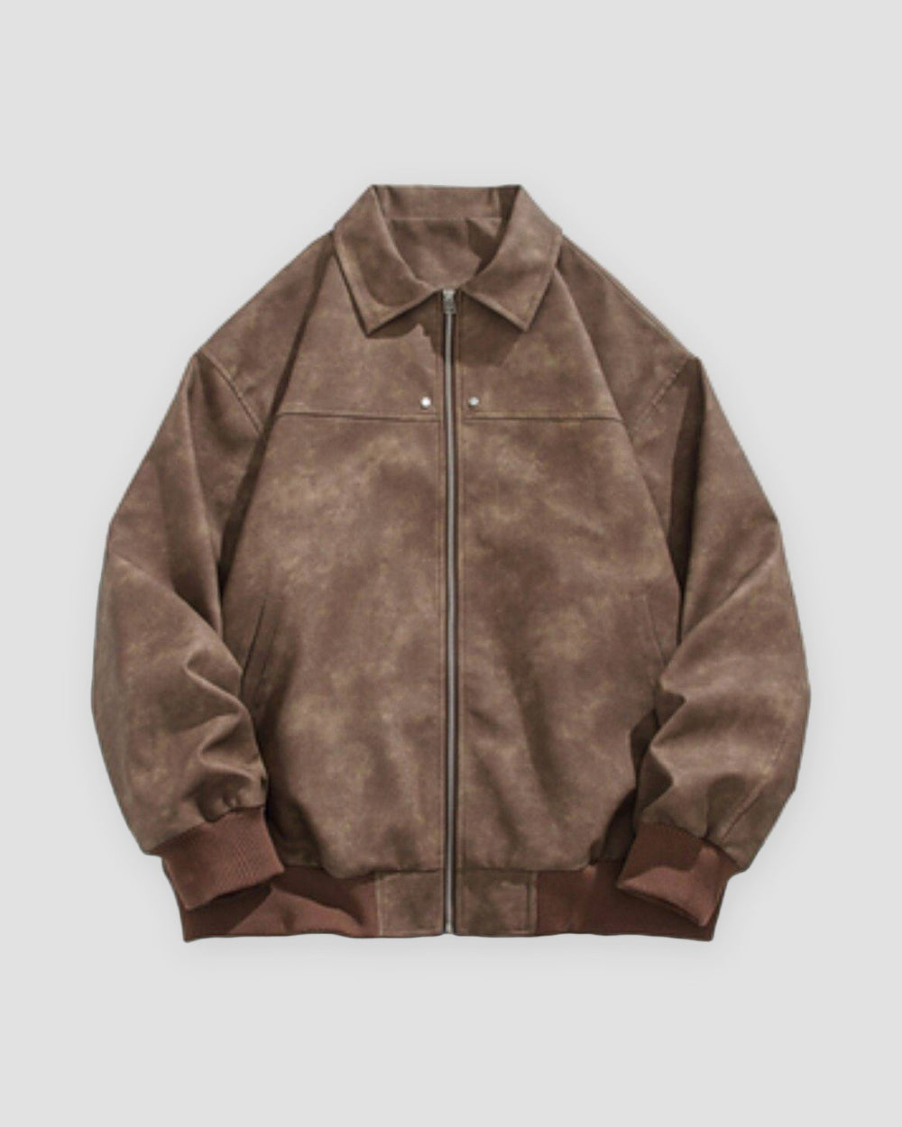 Brown faux suede bomber jacket, front view, point collar and metal zip
