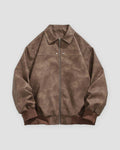 Brown faux suede bomber jacket, front view, point collar and metal zip