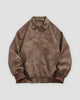 Brown faux suede bomber jacket, front view, point collar and metal zip