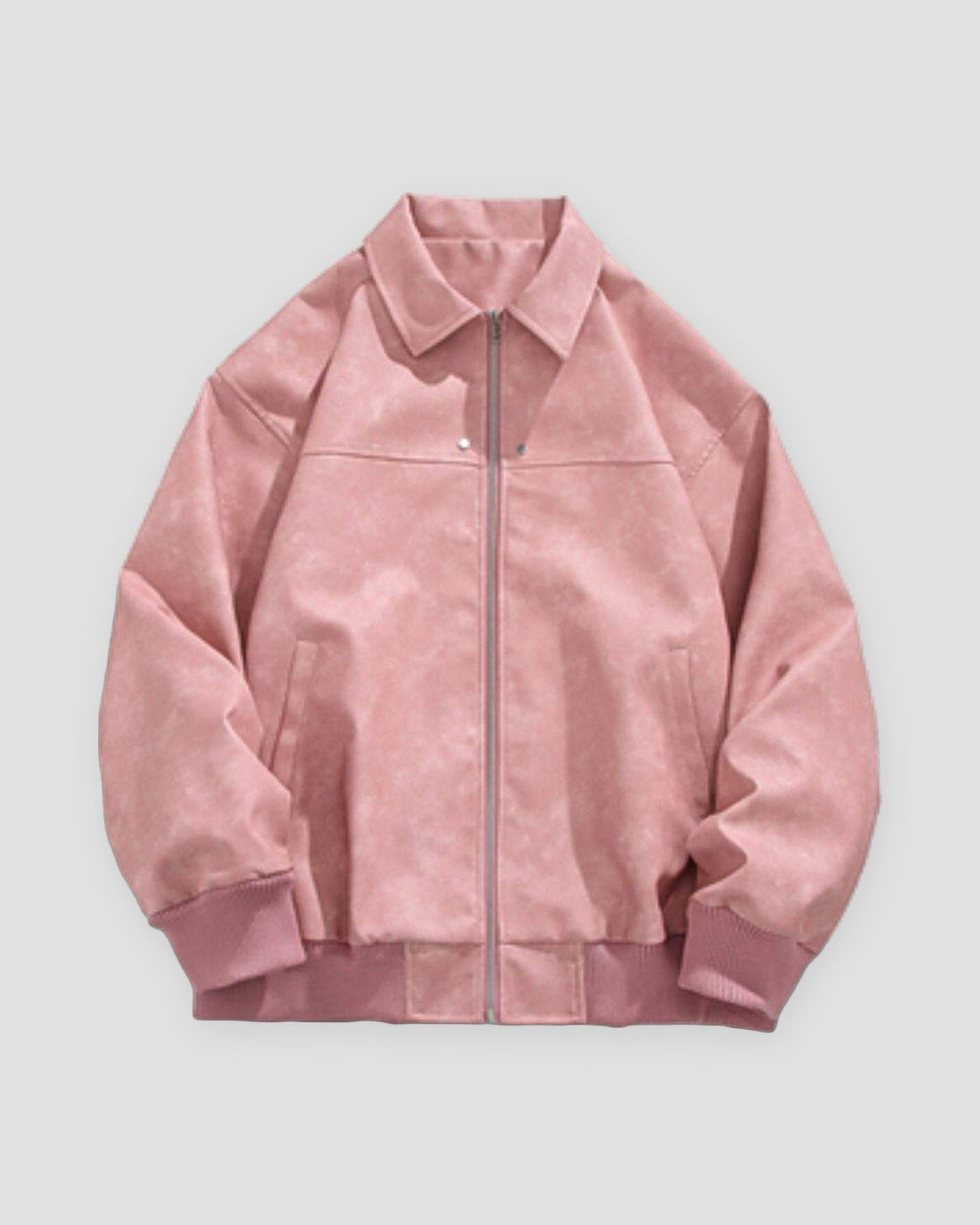 Pink faux suede bomber jacket, front view