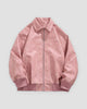 Pink faux suede bomber jacket, front view