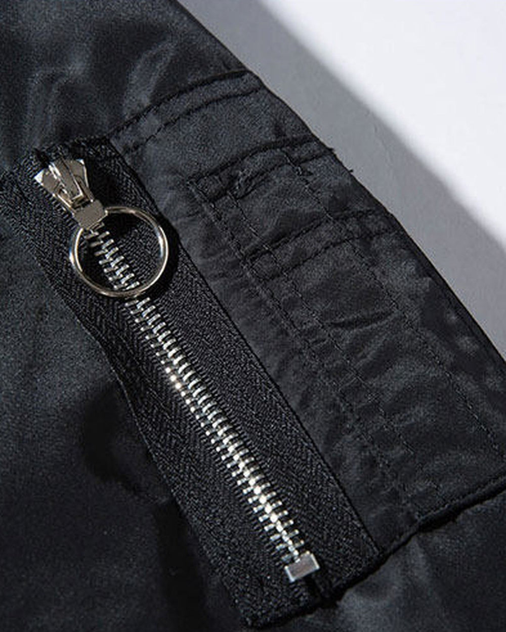 Close-up of the ring-pull zip pocket on the sleeve