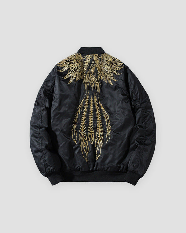 Black bomber jacket with gold thread wings and feathers embroidered on the back, back view