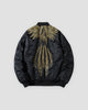 Black bomber jacket with gold thread wings and feathers embroidered on the back, back view