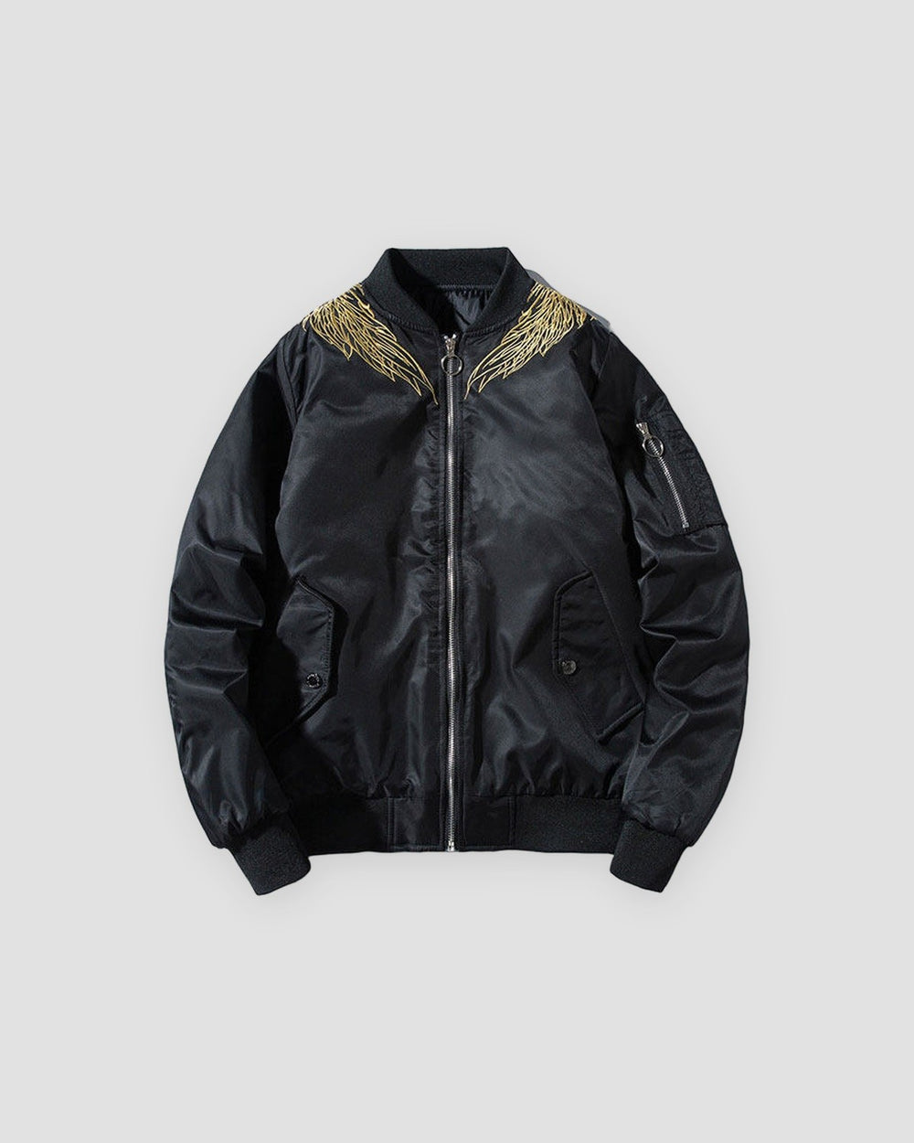 Black bomber jacket with a centre zip and a zip pocket on the sleeve, front view