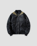Black bomber jacket with a centre zip and a zip pocket on the sleeve, front view