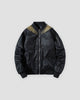 Black bomber jacket with a centre zip and a zip pocket on the sleeve, front view