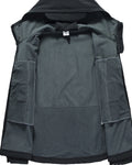 Inside of the softshell jacket, showing the gray fleece lining