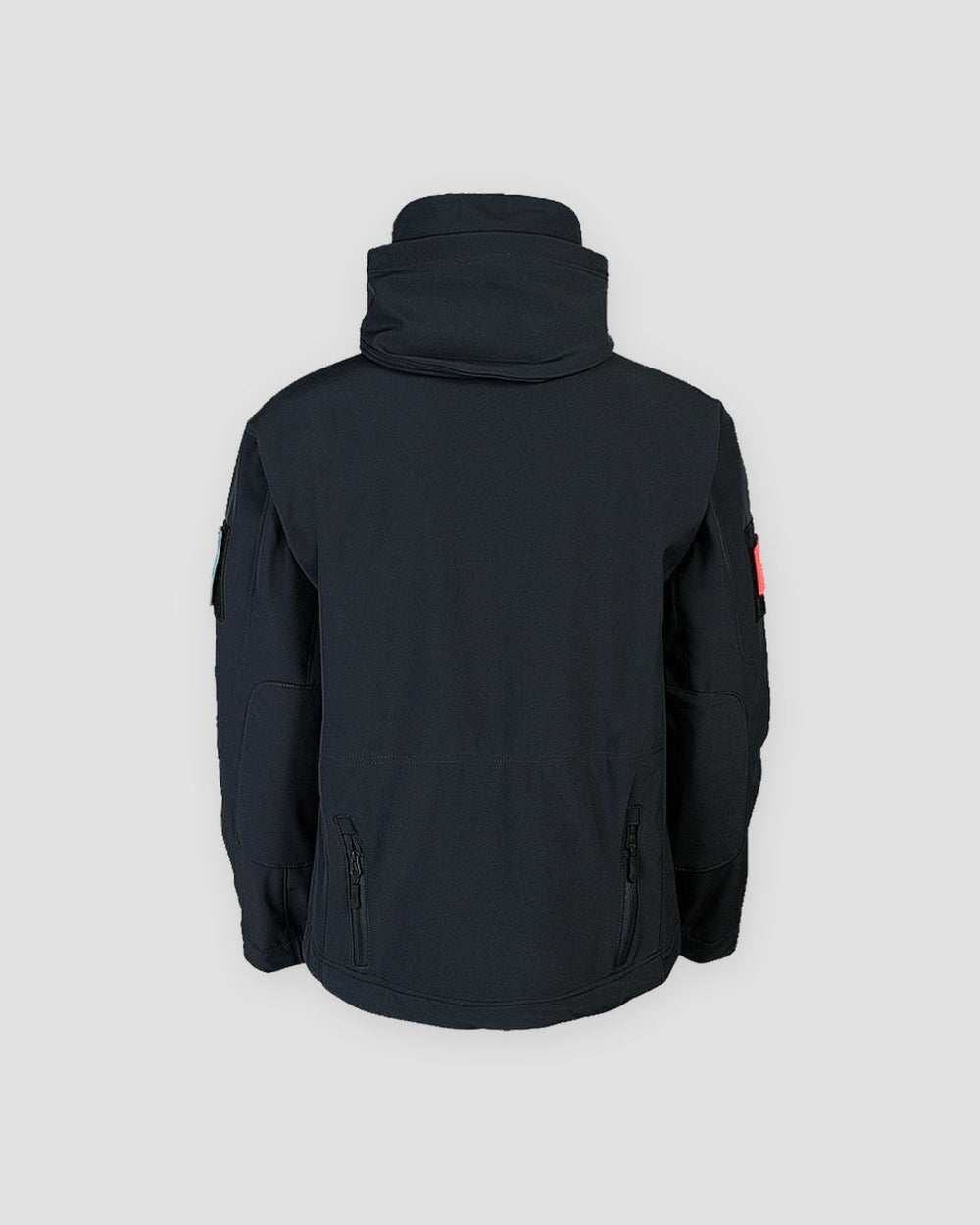 Black softshell hooded jacket, back view