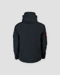 Black softshell hooded jacket, back view