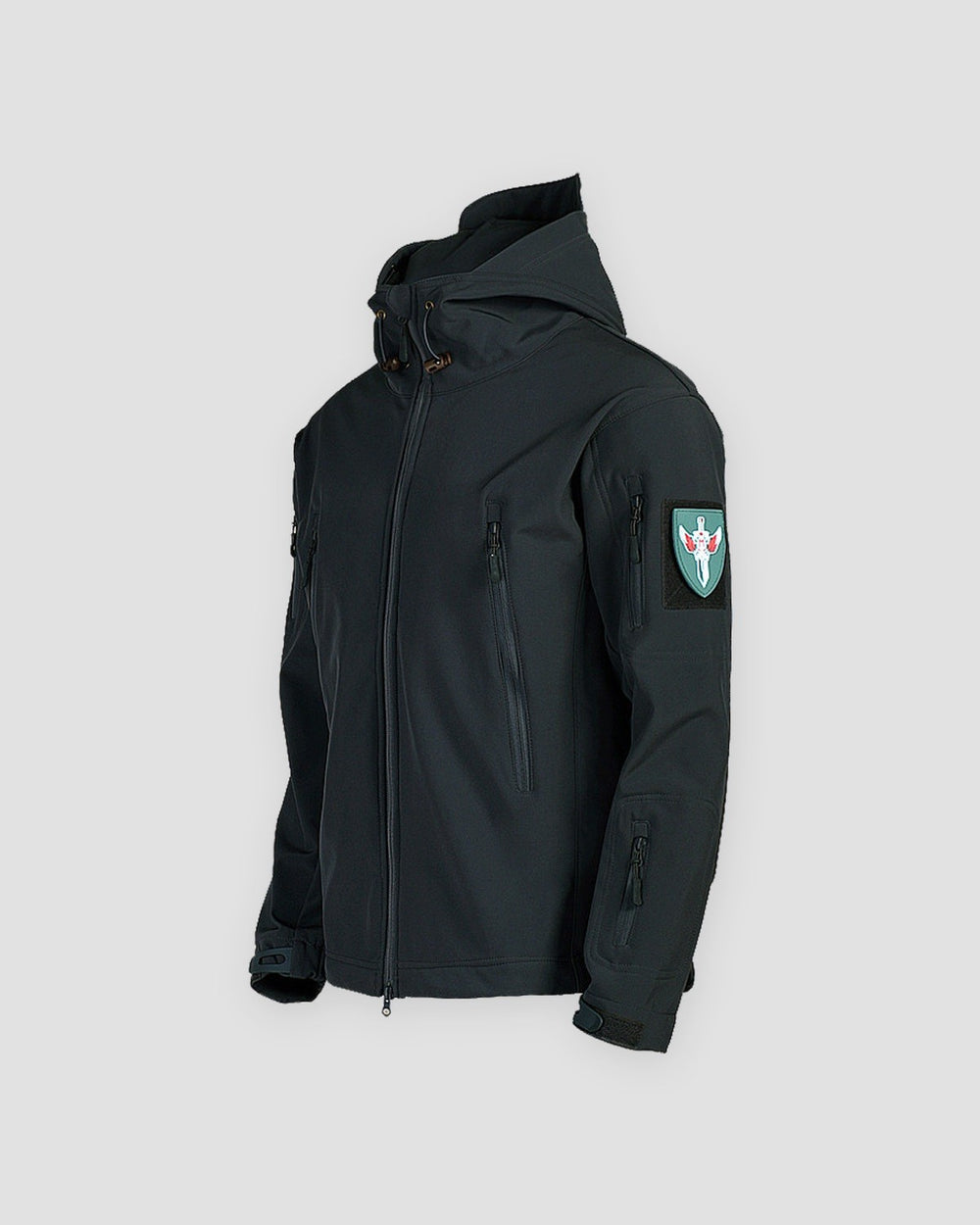 Black fleece-lined softshell hooded jacket, front view, zip chest pockets