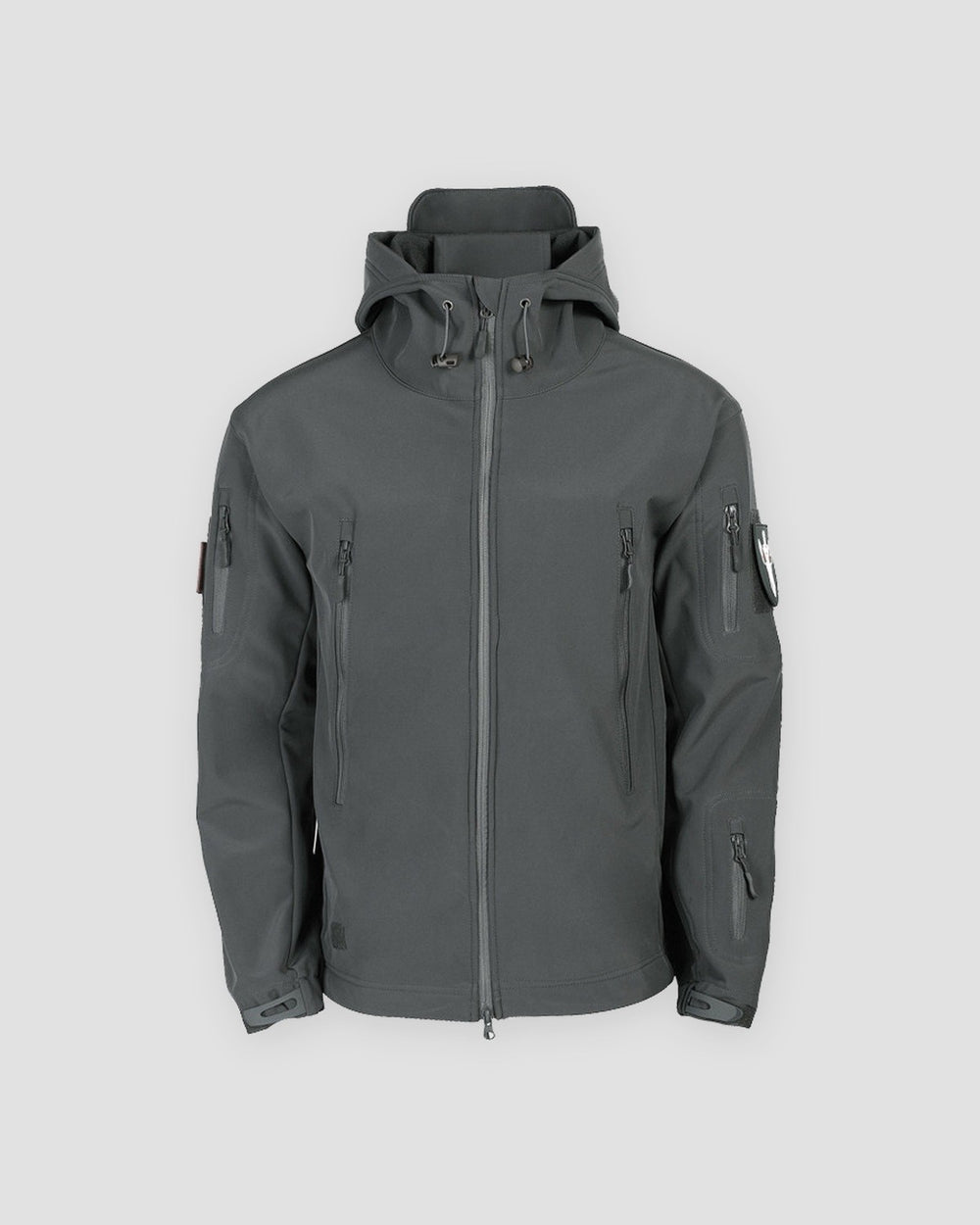 Gray fleece-lined softshell hooded jacket, front view