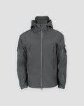 Gray fleece-lined softshell hooded jacket, front view