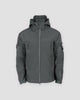 Gray fleece-lined softshell hooded jacket, front view