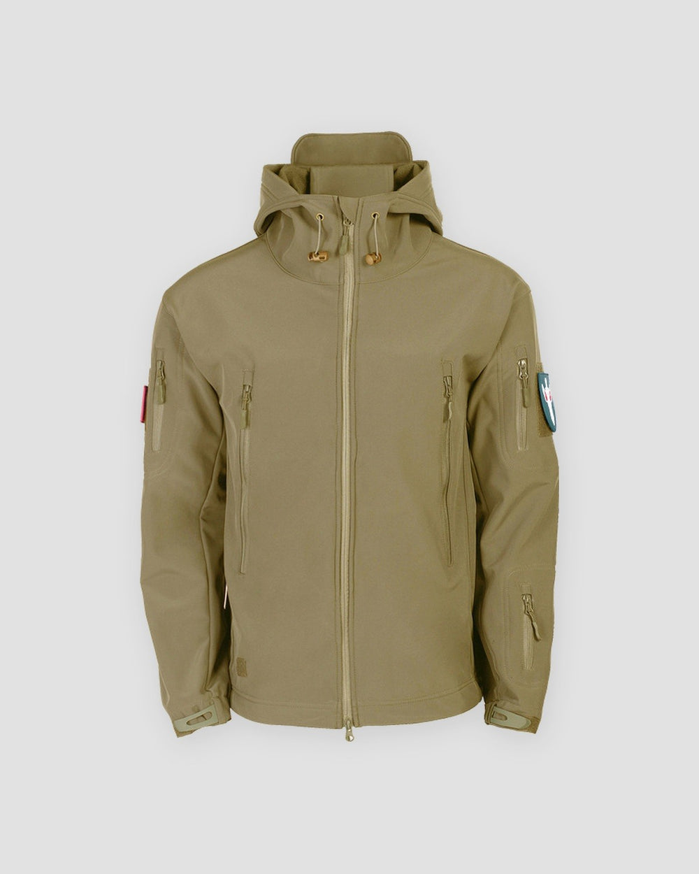 Khaki fleece-lined softshell hooded jacket, front view