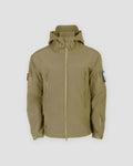 Khaki fleece-lined softshell hooded jacket, front view