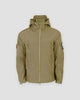 Khaki fleece-lined softshell hooded jacket, front view