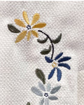 Close-up of the yellow, blue and gray wildflower embroidery