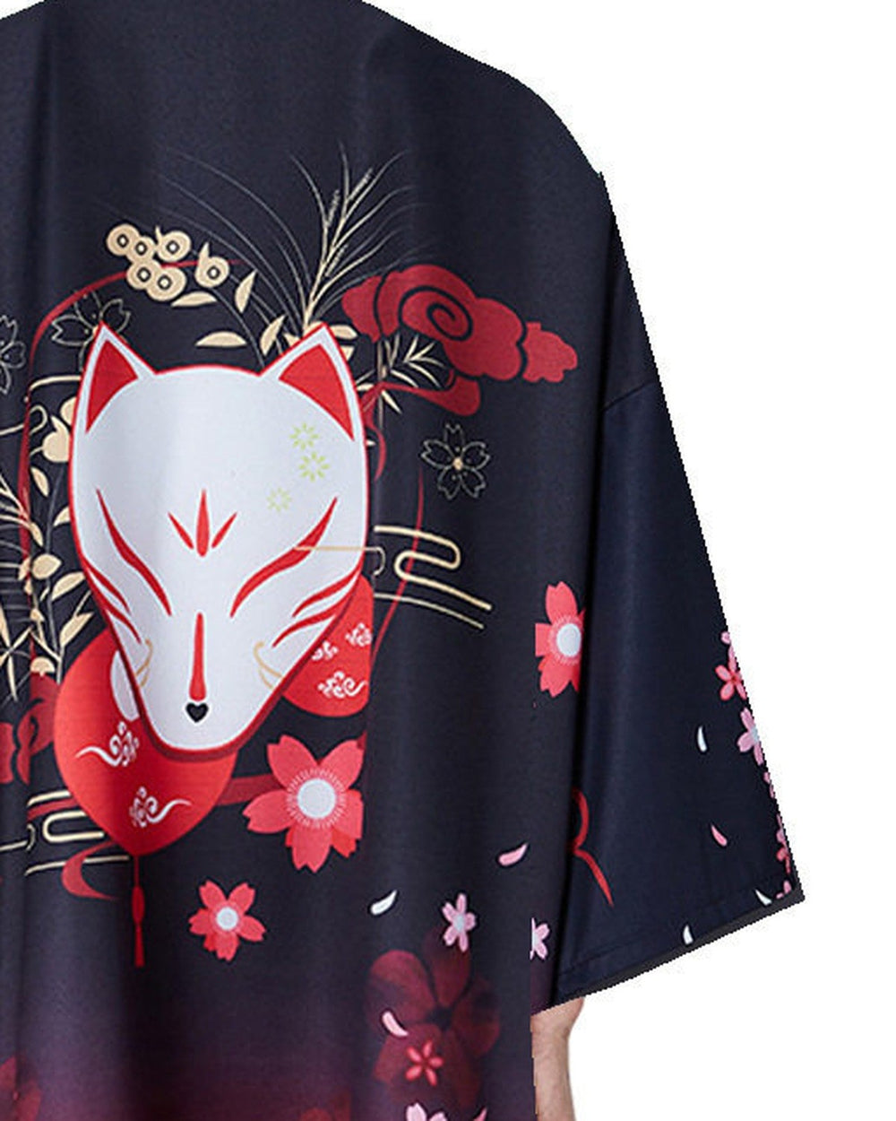 Close-up of the white fox mask, gold sprigs and red clouds on the back of the haori