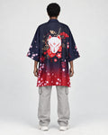 Model wearing the navy and red haori, back view with the white fox mask print