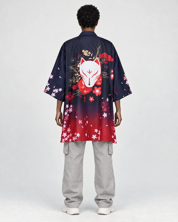 Model wearing the navy and red haori, back view with the white fox mask print