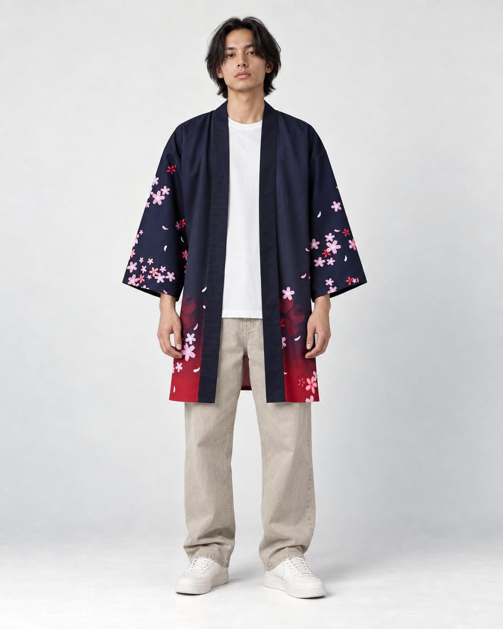 Model wearing the navy and red fox mask haori open over a white tee, front view