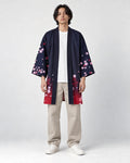 Model wearing the navy and red fox mask haori open over a white tee, front view