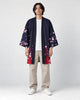 Model wearing the navy and red fox mask haori open over a white tee, front view