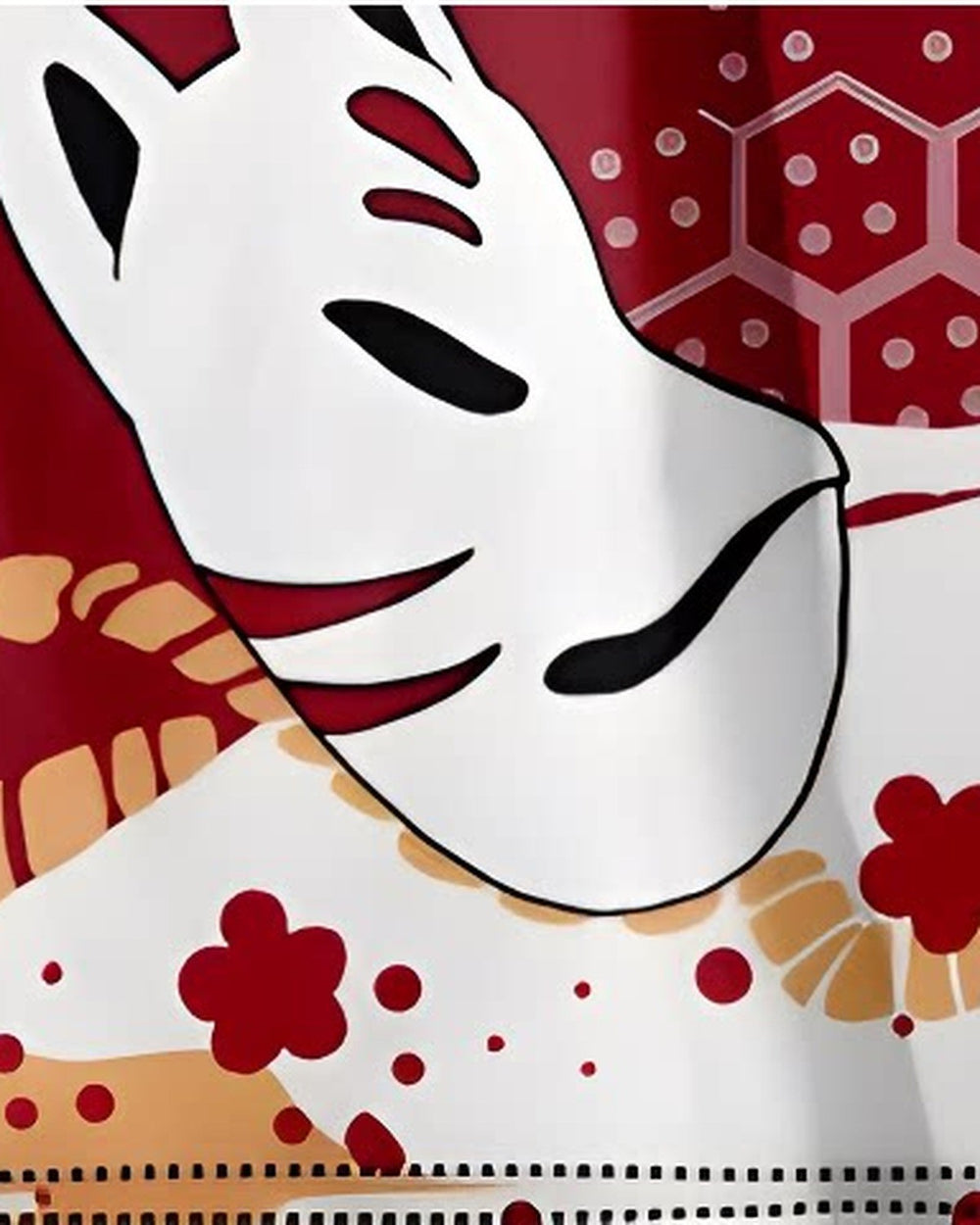 Close-up of the white fox mask, torii gate and flames on the red print
