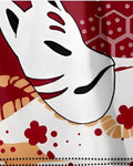 Close-up of the white fox mask, torii gate and flames on the red print