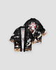 Black fox mask print kimono, open front, the print running across the front panels