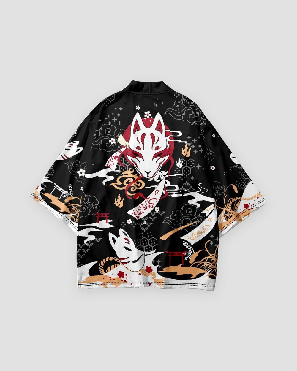 Black fox mask print kimono, back view, white fox mask with red markings