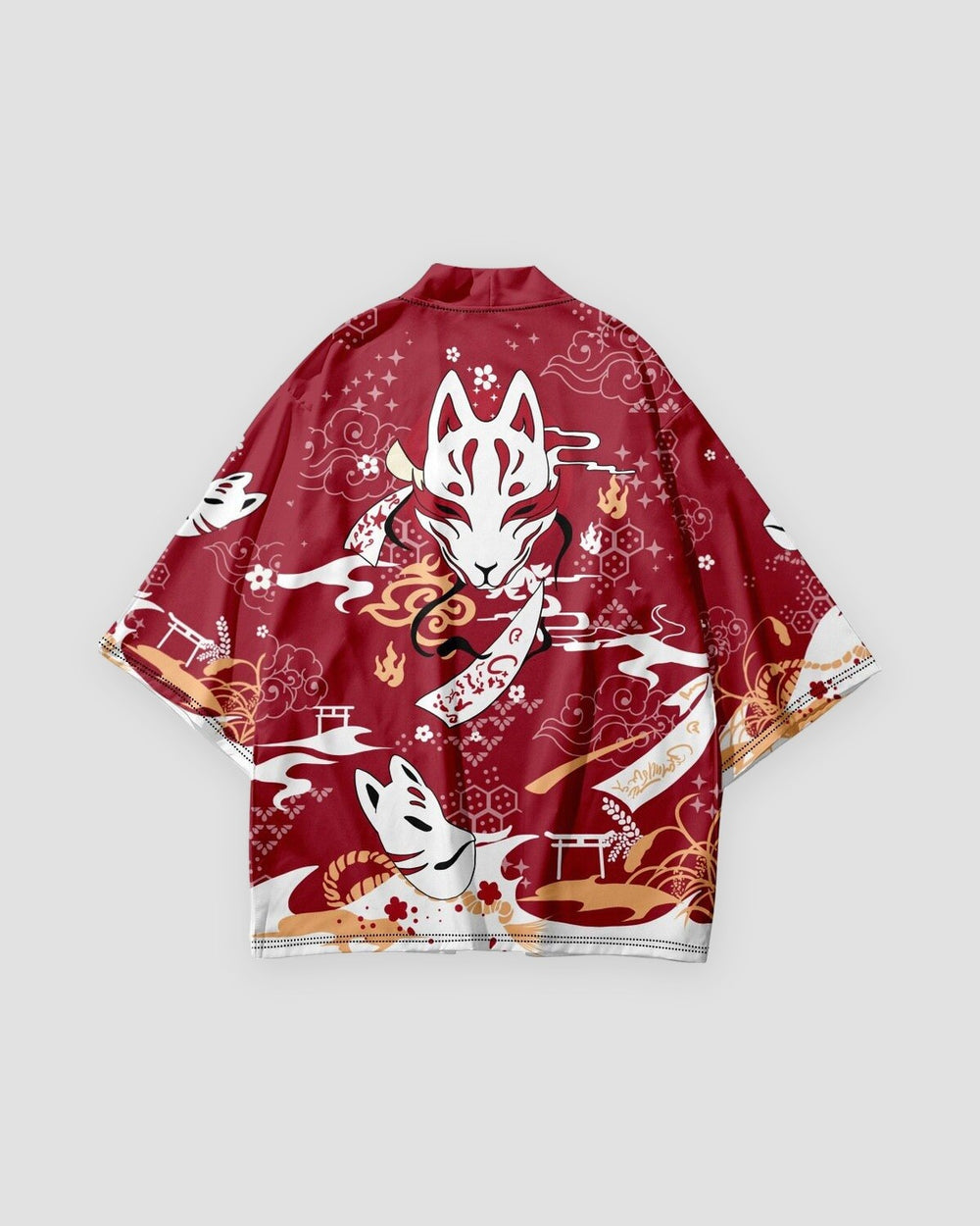 Red fox mask print kimono, back view, white fox mask and cloud ribbons