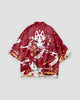Red fox mask print kimono, back view, white fox mask and cloud ribbons