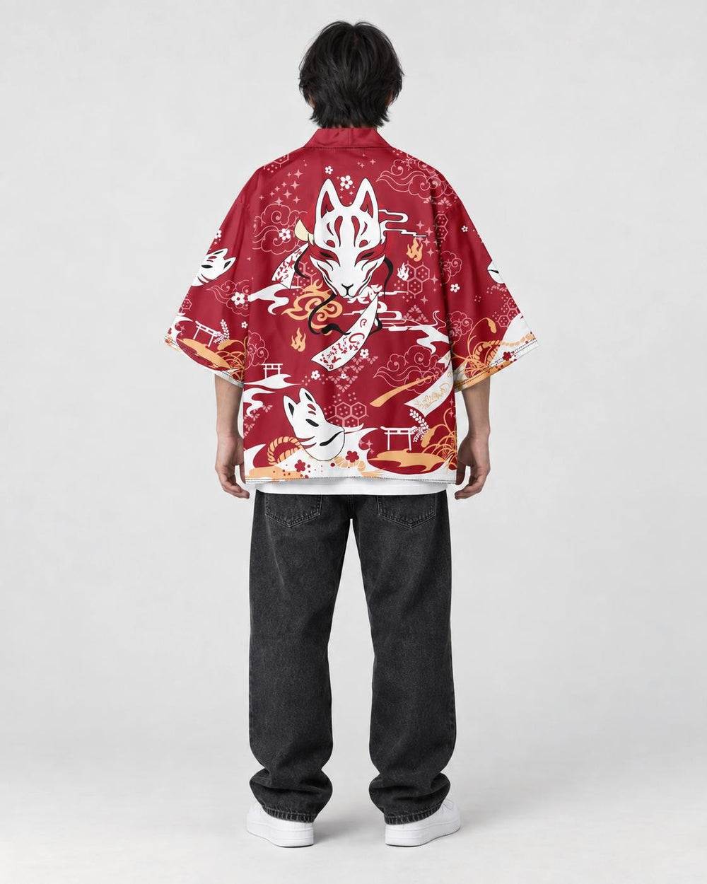 Model wearing the red fox mask kimono, back view of the fox mask print