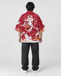 Model wearing the red fox mask kimono, back view of the fox mask print