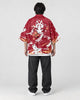 Model wearing the red fox mask kimono, back view of the fox mask print