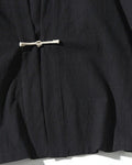 Close-up of the knotted frog toggle on the black jacket